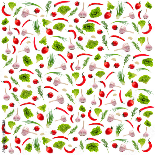 Pattern of vegetables. Food background. Top view. Composition, peppers, green salad, tomatoes, garlic, dill.