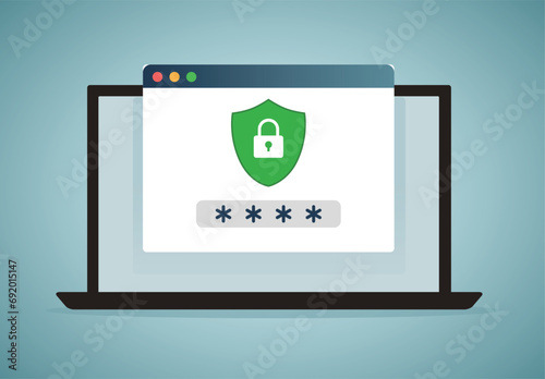 Privacy Data Protection in Internet.Internet network data computer laptop security shield and lock symbol.