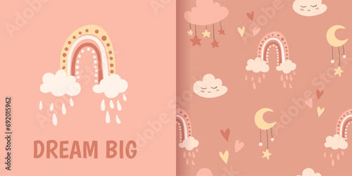 Cute cartoon Bohemian nursery pattern. Boho vector print for textile, banner, clothes, wall decor in children's bedroom. Seamless pattern with rainbow, moon and clouds