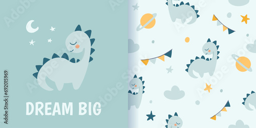 Cute cartoon Bohemian nursery pattern. Boho vector print for fabric, banner, clothes, wall decor in children's bedroom. Seamless pattern with planets, dinosaur, dino and clouds © Foxelle