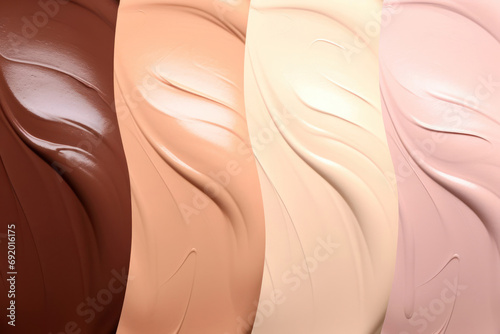 Different tones of liquid foundation as background, close up texture of makeup products. Concept of diversity in beauty care