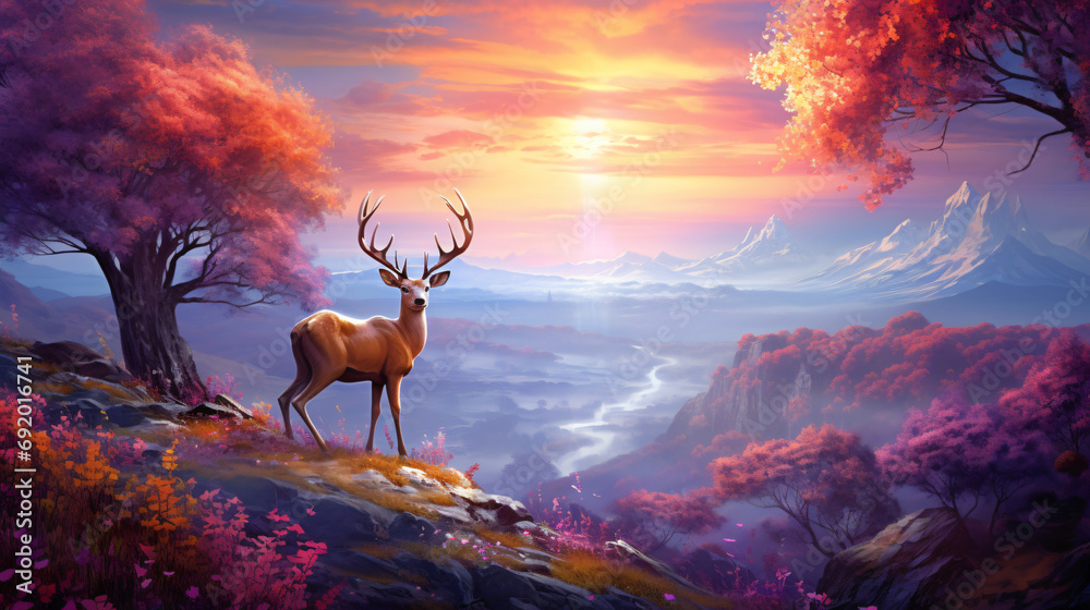 Fantastic landscape lone deer fantasy style. dream - obrazy, fototapety, plakaty 