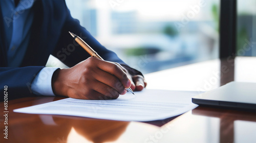 Man reading legal contracts sitting on a desk - ai generative