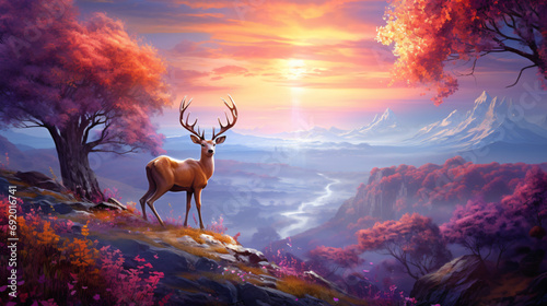 Fantastic landscape lone deer fantasy style. dream photo