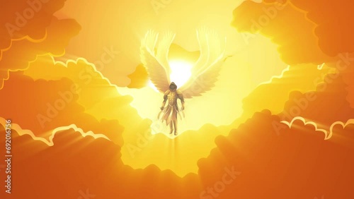 Fantasy art motion graphics of the Archangel with six wings holding a sword in the open sky photo