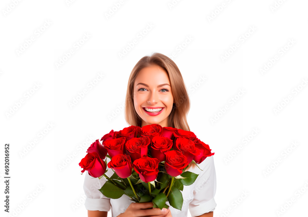 Joyful woman holding red roses, isolated on white.
Joyful woman holding red roses, isolated on white.