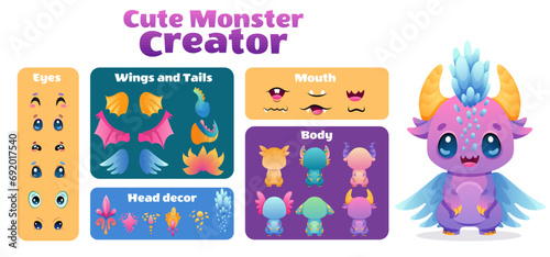Cute Monster Dragon cartoon constructor kit, with body parts, alien eyes, mouths teeth, wings and horns for kids toys, video games and halloween designs. Vector flat colorful illustration