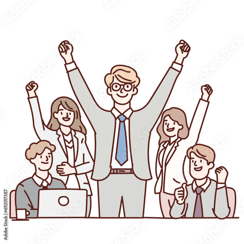 character of businessman as leader, motivate teamwork by holding fist and raising hand in successful gesture. Outline, linear, thin line art, cartoon, hand draw sketch design, simple style.