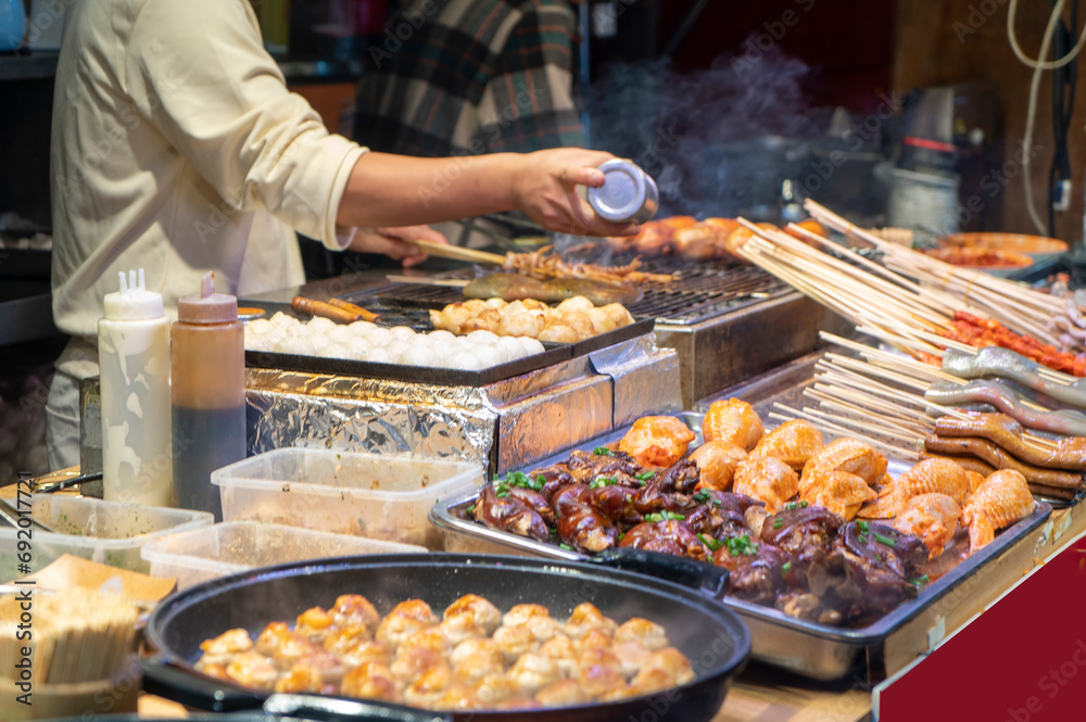 Barbecue stalls in the food street Barbecue stalls in the food street