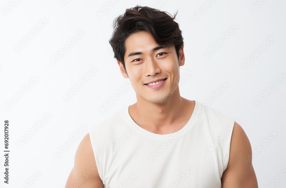 Asian Male Model: Confidently Smiling and Making Eye Contact with Camera against a White Background