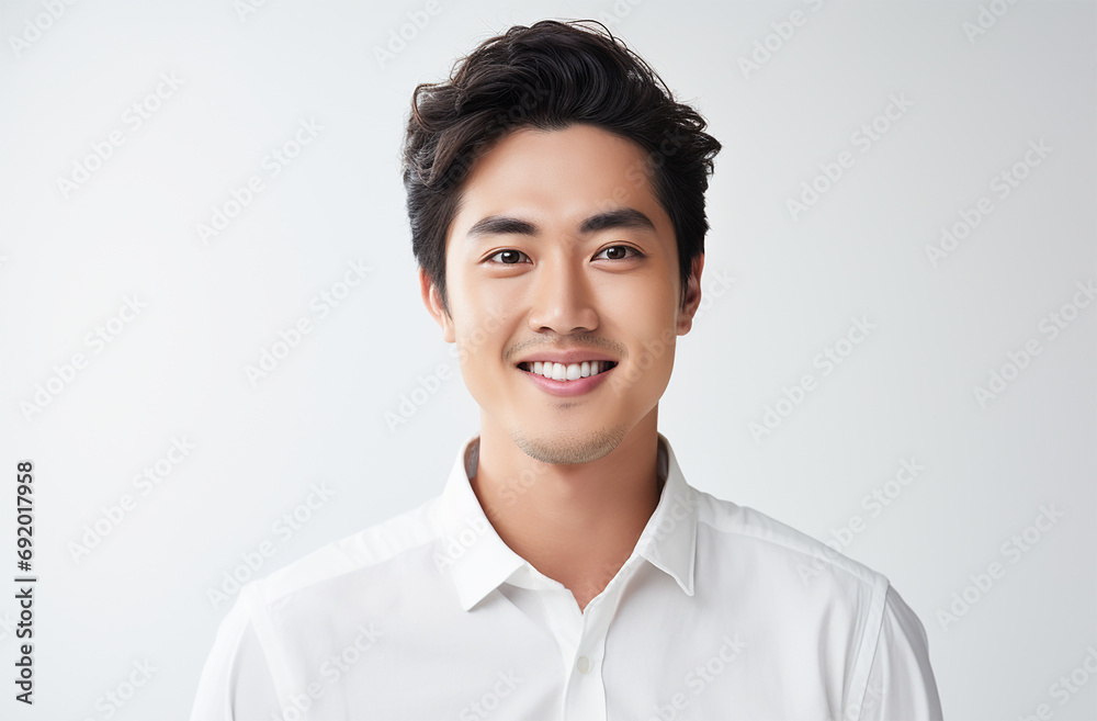 Asian Male Model: Confidently Smiling and Making Eye Contact with Camera against a White Background Asian Male Model: Confidently Smiling and Making Eye Contact with Camera against a White Background