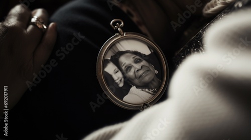 A close-up of a locket with a family picture inside, a treasured Mother's Day present, resting atop a soft, velvet cloth photo