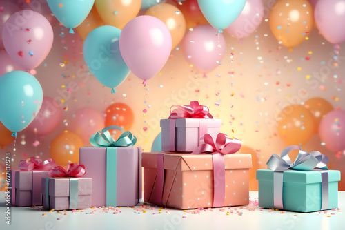 3D render of birthday background with gift boxes, balloons, and confetti on a pastel background, © NE97