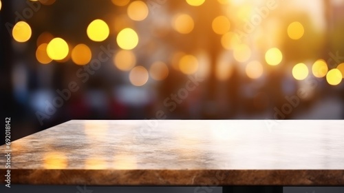 empty table marble blur background of street cafe with bokeh light, Advertisement, Print media, Illustration, Banner, for website, copy space, for word, template, presentation