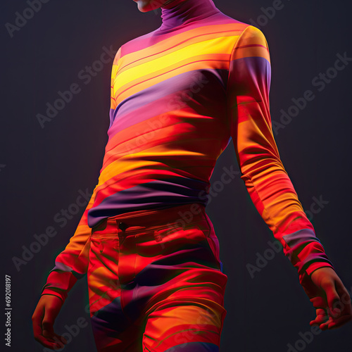 Illustration of a young man body captured in a dynamic, low-light setting that accentuates his motion and form. The man is dressed in a fitted, long-sleeve top and pants, featuring bold stripes 