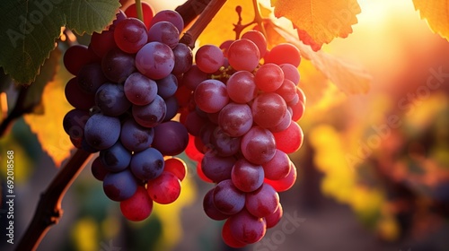 A Cluster of Ripe Red Grapes Hanging from a Vine at Sunset. Ripe red wine grapes in vineyard at sunset. A Luscious Cluster of Grapes Hanging from a Vine