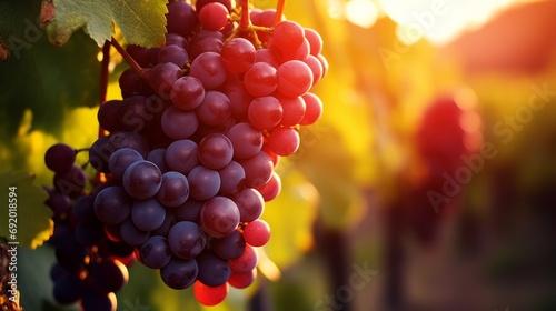 A Cluster of Ripe Red Grapes Hanging from a Vine at Sunset. Ripe red wine grapes in vineyard at sunset. A Luscious Cluster of Grapes Hanging from a Vine