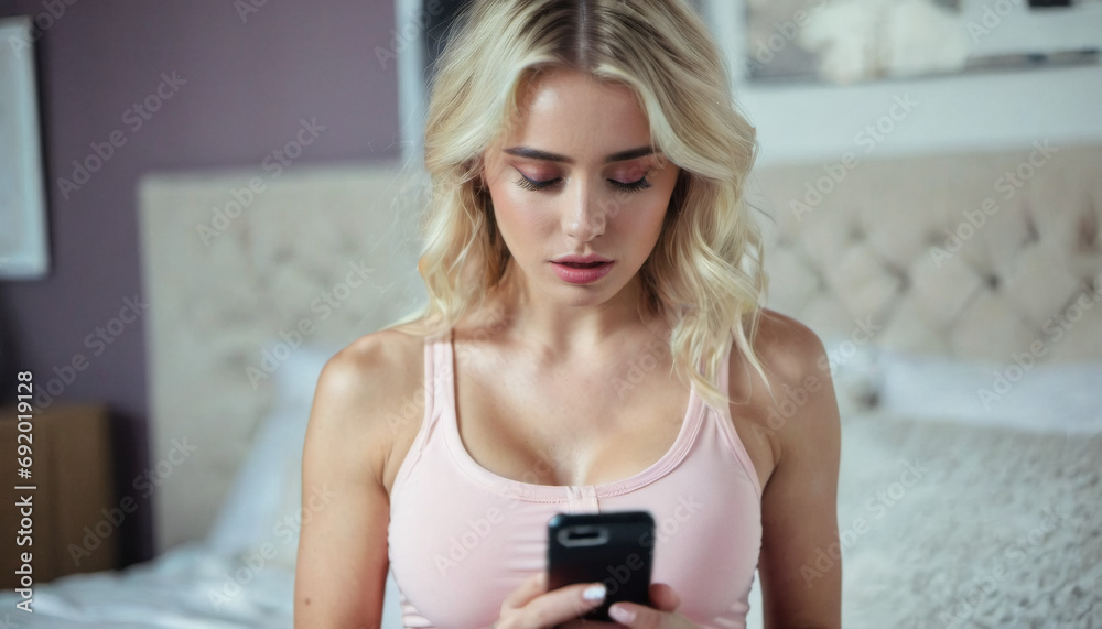 Beautiful young blonde woman is sad, depressed and looking at her phone Beautiful young blonde woman is sad, depressed and looking at her phone