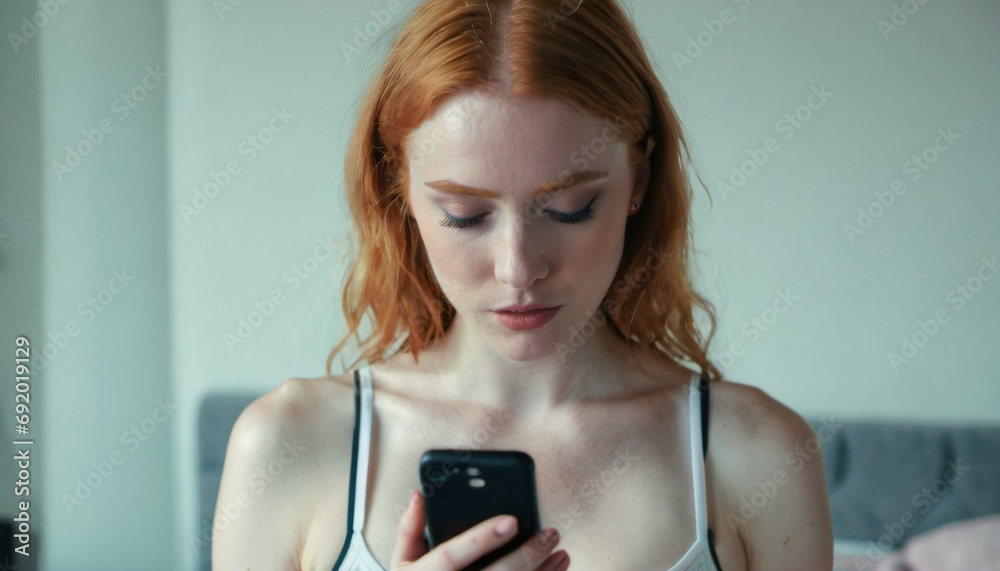 Beautiful young redhead woman is sad, depressed, and looking at her phone Beautiful young redhead woman is sad, depressed, and looking at her phone