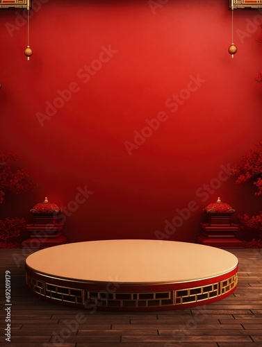 photo of an empty podium for your product, red and gold, 2024 Chinese New Year theme, dragon, Chinese New Year decorations, copy space , generative ai