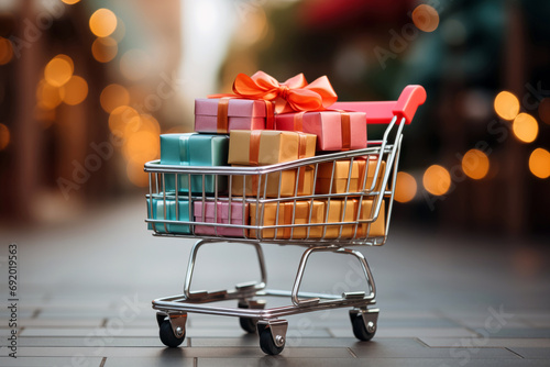 Shopping cart with gift boxes. Christmas and New Year shopping concept.