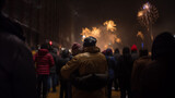  In a blur, families from the city can be seen rejoicing and hugging each other. They are all watching the New Year's Eve fireworks.