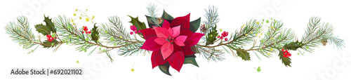 Panoramic view with red poinsettia flower (New Year Star), pine branches, cones, holly berry. Horizontal border for Christmas on white background. Realistic illustration in watercolor style. Vector
