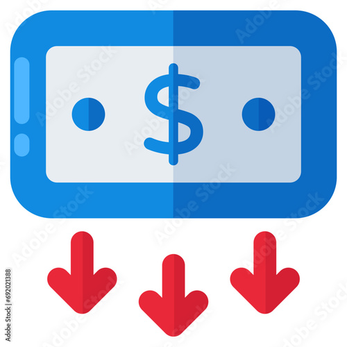 A colored design icon of dollar value decrease 