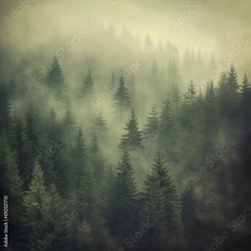 Mystic Fog Enveloping a Dense Pine Forest at Dawn