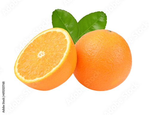 Orange fruit whole and leaves on transparent png