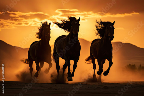 Photo of silhouette three wild horse running on the background of orange sunset, with copy space. An atmosphere of strength and freedom emanates from the photo