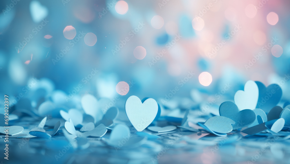Blue and pink heart shapes, Valentines day background. Be my valentine theme. valentine celebration concept greeting card hearts on string with gold defused bokeh lights in the background - obrazy, fototapety, plakaty 