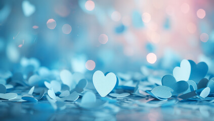 Blue and pink heart shapes, Valentines day background. Be my valentine theme. valentine celebration concept greeting card hearts on string with gold defused bokeh lights in the background