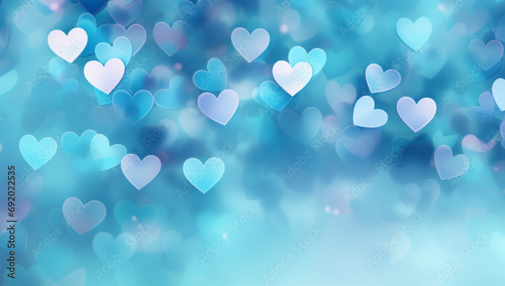 Valentine's day background with blue hearts, celebration concept greeting card hearts on string with gold defused bokeh lights in the background