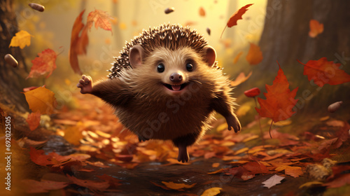 Freedom the hedgehog runs through the autumn forest