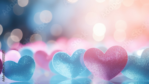 Blue and pink heart shapes, Valentines day background. Be my valentine theme. valentine celebration concept greeting card hearts on string with gold defused bokeh lights in the background