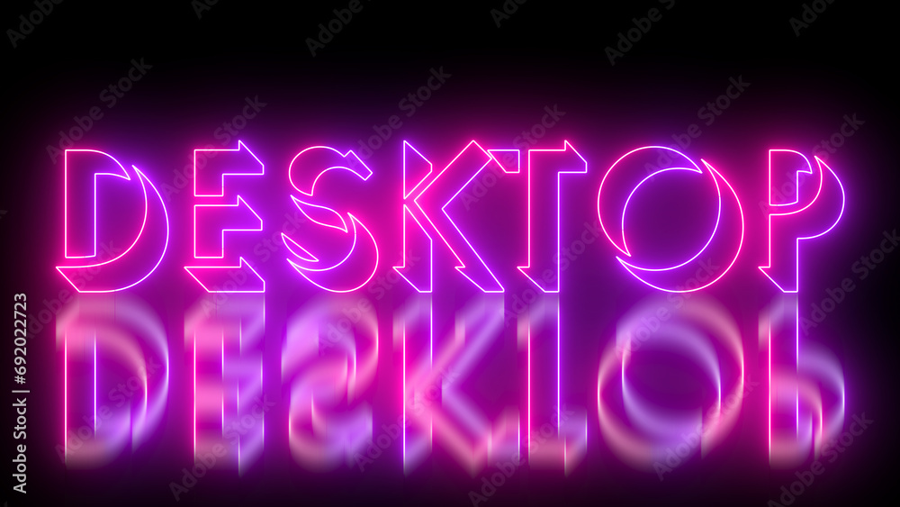 Glowing neon-colored Desktop text illustration in high resolution. Neon-colored Desktop text with a glowing neon-colored moving outline on a dark background. Technology video material illustration. Glowing neon-colored Desktop text illustration in high resolution. Neon-colored Desktop text with a glowing neon-colored moving outline on a dark background. Technology video material illustration.