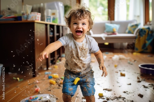 Hyperactive Toddler Misbehaving And Making Mess photo