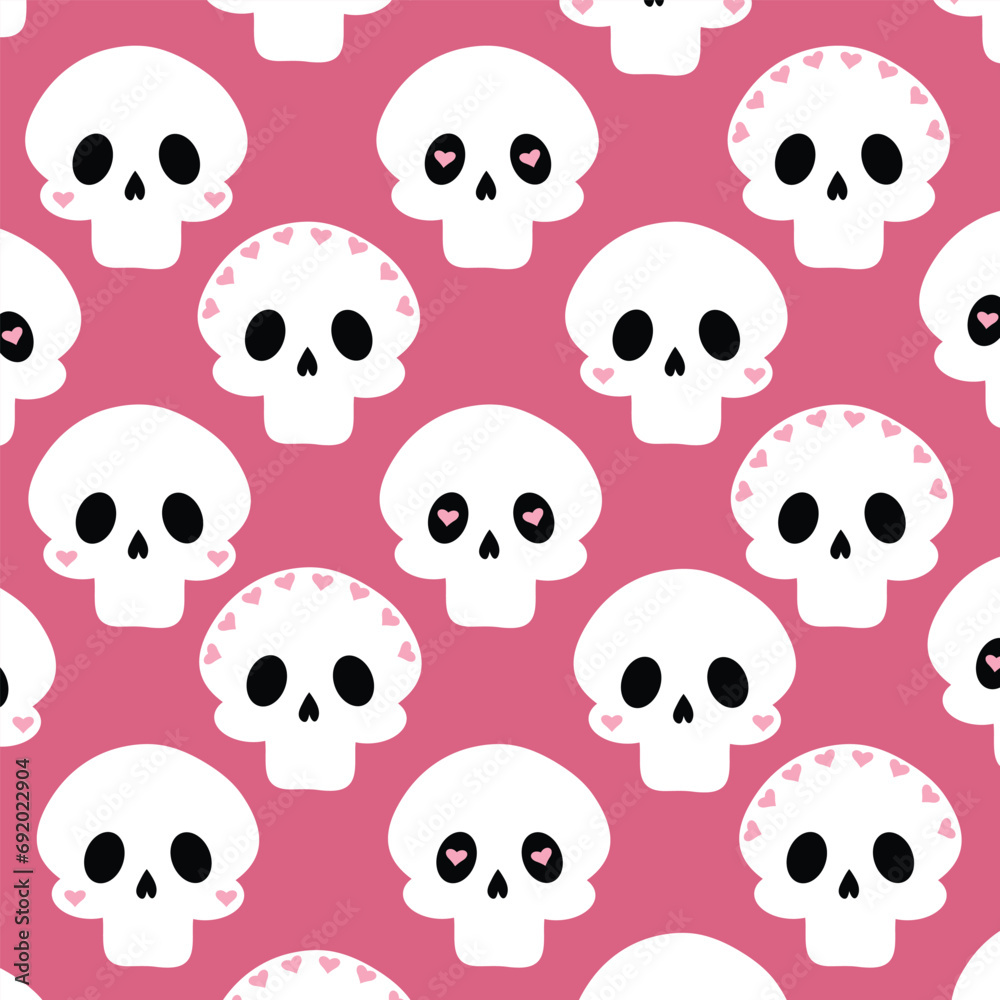 Pink Pattern with white skulls and hearts.Love Background with cute skulls.Fabric pattern. Pink Pattern with white skulls and hearts.Love Background with cute skulls.Fabric pattern.