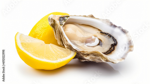 Fresh opened oyster with lemon isolated on white background