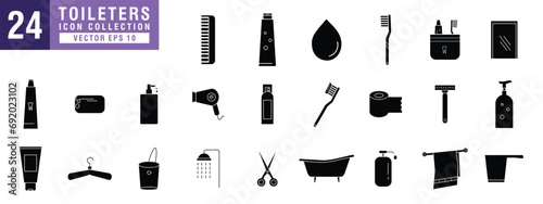 Vector of toiletries icon set, soap, shampoo, conditioner, toothbrush, toothpaste, vector EPS 10.
