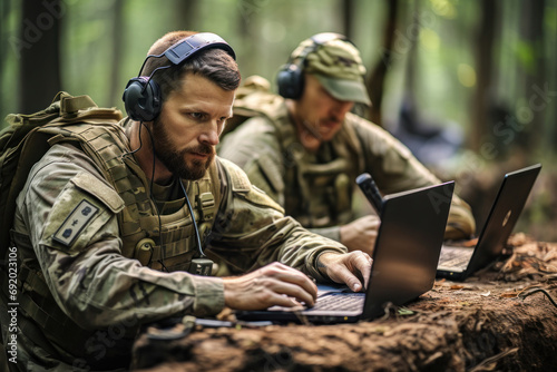 Serious army officers dressed in military uniform immerse themselves in their tasks on laptop using headphones against the background of a peaceful forest environment.