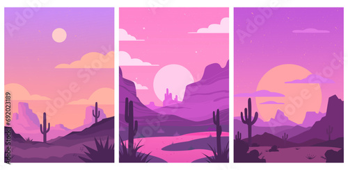 Set of desert landscapes with cacti, cloud, moon. Beautiful scenery vector graphic for travel poster in retro style. For poster, card, banner, cloth design ideas. Sunset in canyon. Hand drawn. © Meowcher24
