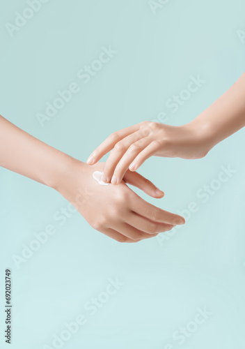 Beautiful Woman Hands, female Hands Applying Cream, Lotion, Spa and Manicure concept, Female hands with french manicure