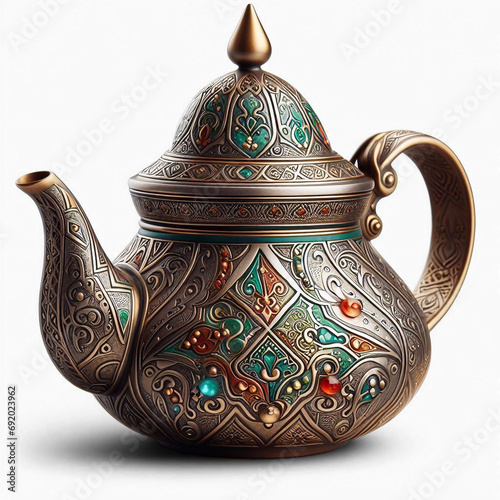 Beautiful vintage metal Moroccan teapot. Isolated PNG
