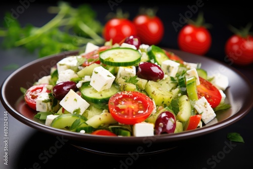 Salad With Feta Cheese And Green Olives. Сoncept Greek Salad, Mediterranean Cuisine, Healthy Eating, Feta Cheese Recipes, Olive Recipes
