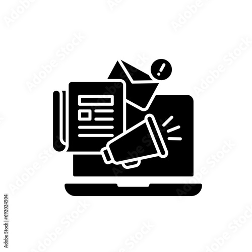 News content icon. Simple solid style. Media announce, newsletter update, digital press, coverage, laptop with megaphone concept. Black silhouette, glyph symbol. Vector illustration isolated.