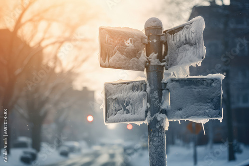 Street Signs Covered In Layer Of Winter Road Grime photo