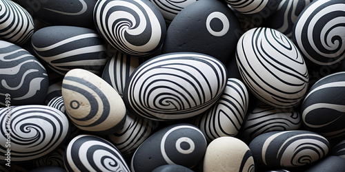 Monochromatic grey pebble with swirl pattern. Some stones are light grey tones and some are dark, background with copy space photo