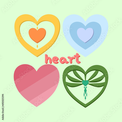 Heart design set, 4 types, 4 colors. Vector illustration about love, shapes, diamond, orange, blue, pink, green, heart vector text.
